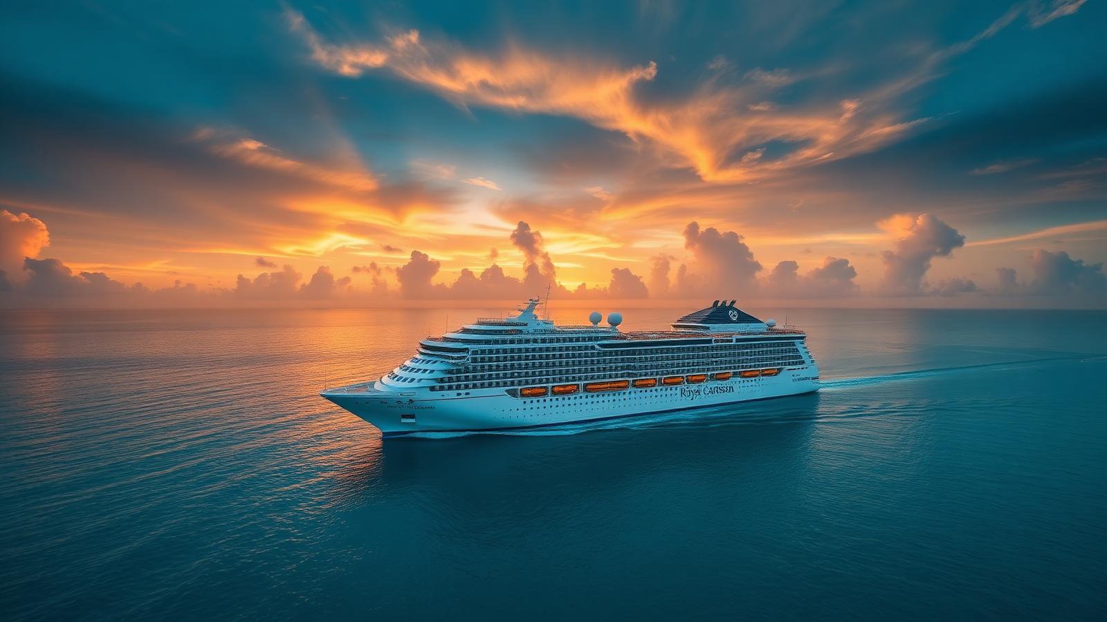 Royal Caribbean cruise ship at sunset