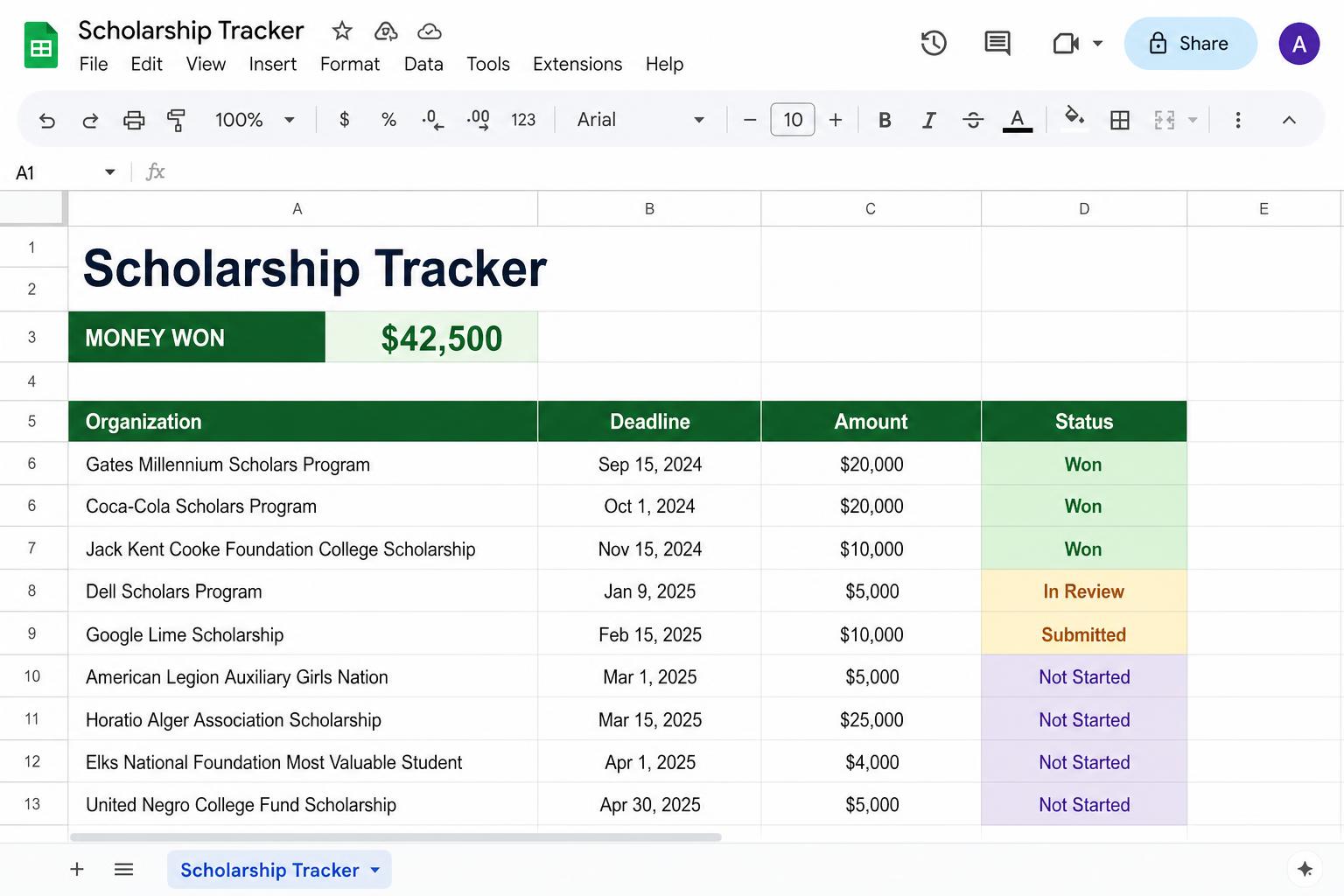 Scholarship Tracker spreadsheet with color-coded statuses